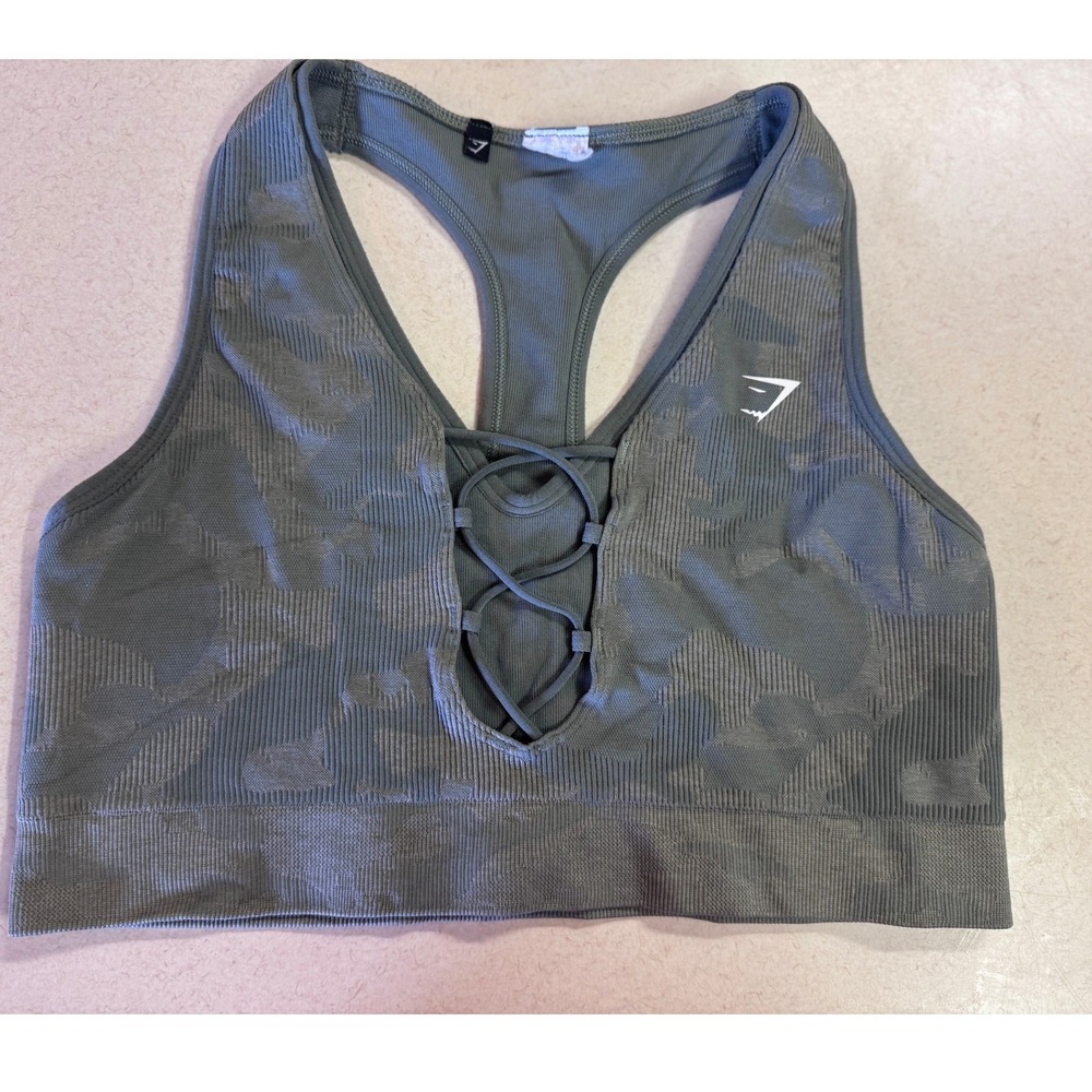 Gymshark Camo Seamless Lace Up Sports Bra Sage Green Grey Racerback Womens